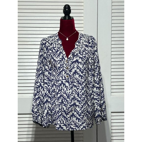 Lilly Pulitzer Tops - Lilly Pulitzer Women's White Navy Blue Silk Coral Elsa Blouse Top Size L 3083